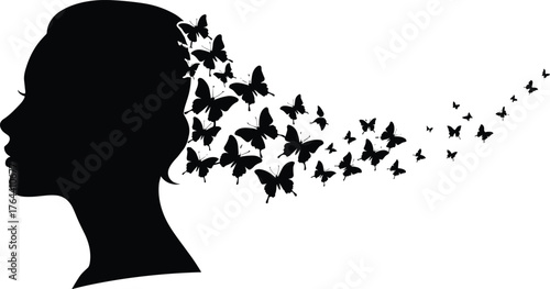 Silhouette woman head with butterflies flying from mind, mental freedom concept, creative thinking symbol, emotional release art, dreamy imagination design, black white vector, mindfulness illustratio