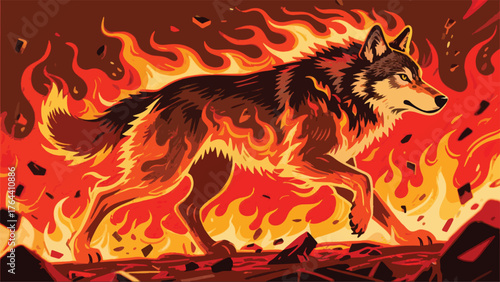 Wolf Dog With Fire Illustrator Artwork Banner Background Design Template 