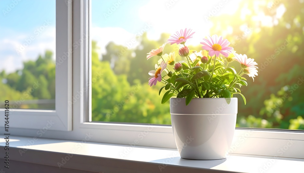 Fototapeta premium Daisy bloom in pot on window sill, bathed in sunlight, view of blurred trees and blue sky in background