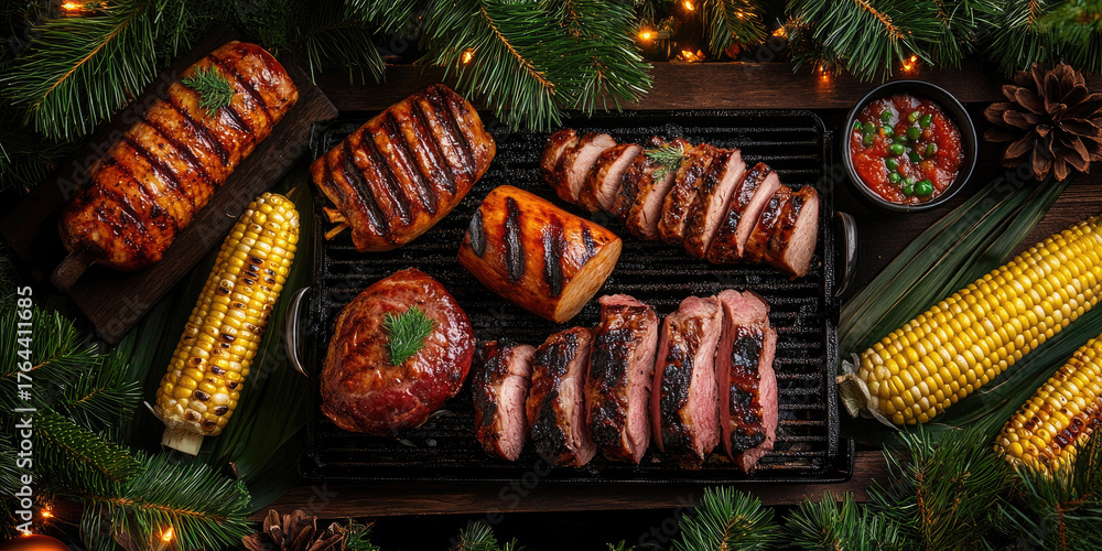 Naklejka premium Festive Christmas BBQ spread with honey-glazed ham, grilled meats and charred corn on the cob set among pine boughs and twinkling lights for a cozy holiday gathering