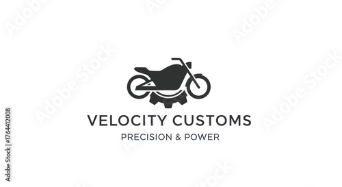Motorcycle Silhouette with Gear, Velocity Customs Logo, Precision and Power Emblem.