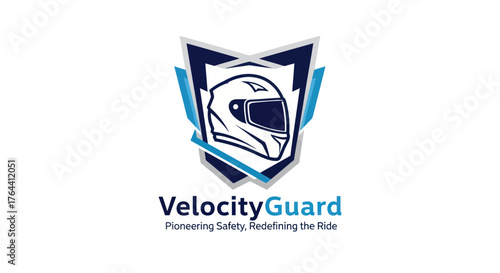 VelocityGuard Logo with Motorcycle Helmet and Shield Design.