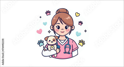 Cute Female Veterinarian Cuddling Adorable Puppy with Stethoscope.