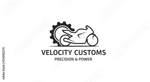Velocity Customs logo featuring a stylized motorcycle silhouette integrated with a gear, symbolizing precision and power.
