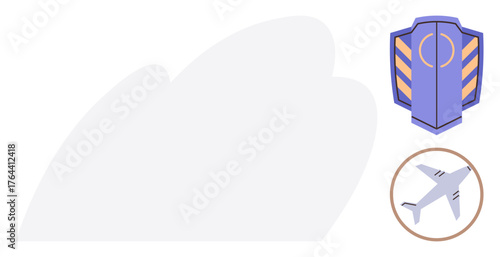 Airplane icon paired with shield badge highlighting aviation safety, security, and protection. Ideal for travel, transportation, safety regulation, aviation industry, insurance, security services