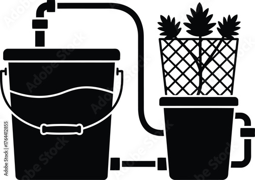 Hydroponic system design with reservoir bucket and plant net pot connected by tubing for indoor agriculture and sustainable farming vector