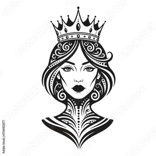 Elegant black and white illustration of a crowned queen with ornate hair and decorative patterns, embodying power and grace and majestic femininity