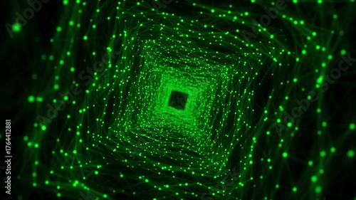 Abstract 3d twisted portal. Square tunnel or wormhole. Digital background with connected green dots. 3d rendering.