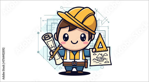 Cute cartoon architect holding blueprints and tools for construction.