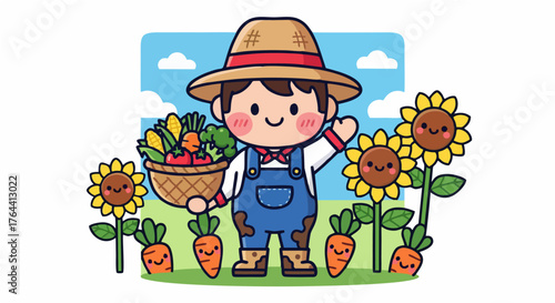 Cartoon Farmer with Vegetables and Sunflowers Illustration.