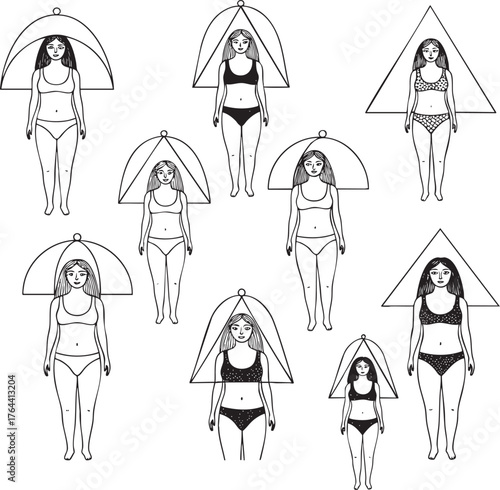 Minimalist line art pattern of diverse women in bikinis wearing geometric umbrellalike hats.