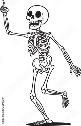 Monochrome cartoon skeleton in a cheerful dancing pose pointing its index finger upwards.