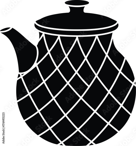 Stylized black silhouette of a traditional teapot with a diamond lattice pattern for beverage and kitchen themes vector