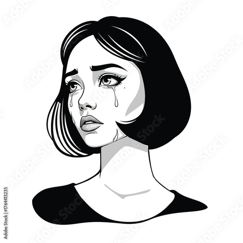 Stylized monochrome drawing of a distressed woman crying, symbolizing deep sorrow and heartache, a powerful visual representation of emotional turmoil and vulnerability