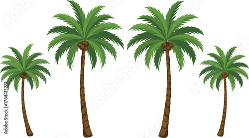 Cartoon coconut palm trees, tropical tree illustration, green frond vector, beach vegetation graphic, summer clipart, nature art, playful design
