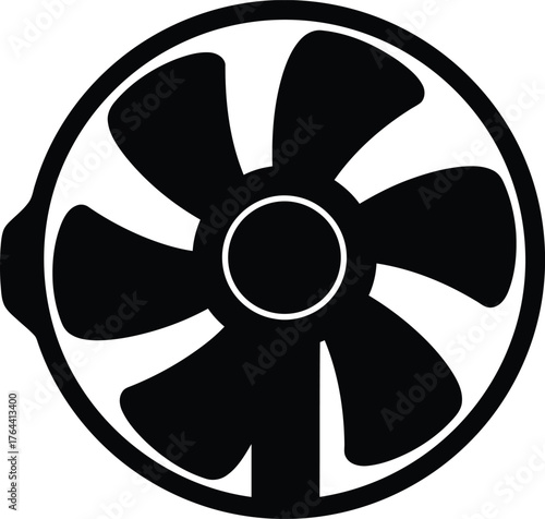 Close-up of a black fan with five curved blades and a central circular hub representing airflow and cooling technology for ventilation and air circulation solutions. vector
