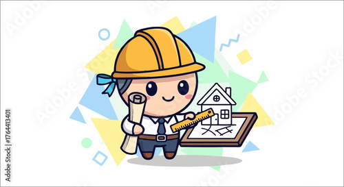 Cute cartoon architect holding blueprints and house plan design.