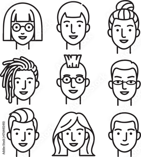 Set of diverse character avatars with various hairstyles Minimalist black line art icons collection.