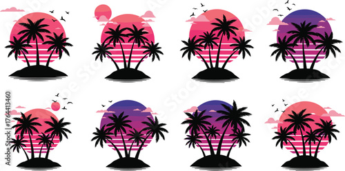 Tropical island sunset, palm tree silhouettes, vibrant gradient sky, retro beach illustration, summer travel art, nature vector, paradise design