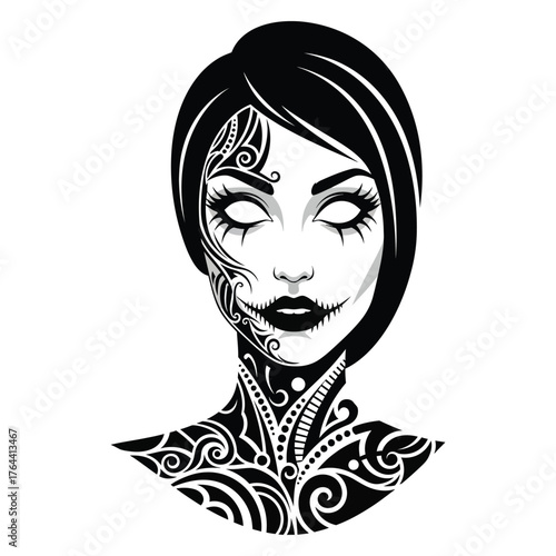 Eerie Portrait of a Woman with Intricate Black and White Tribal Tattoos and Makeup