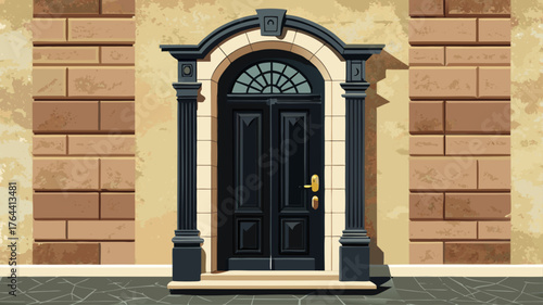 Very beautiful black wooden door against a cream plaster wall, elegant contrast of tones highlighting refined English architectural taste.