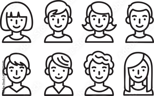 Set of eight minimalist line art avatar icons featuring smiling male and female faces with diverse hairstyles.