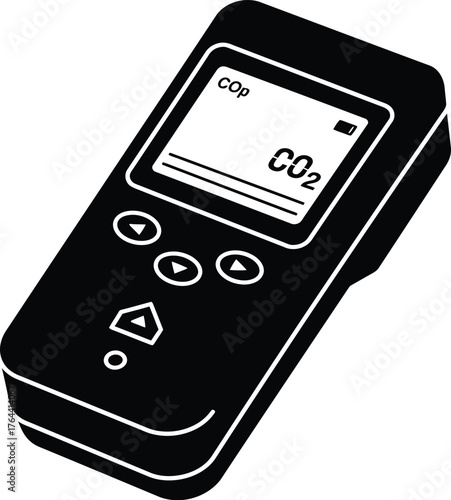 Digital co2 meter device displaying carbon dioxide levels for environmental monitoring and air quality measurement in a simple black and white silhouette vector