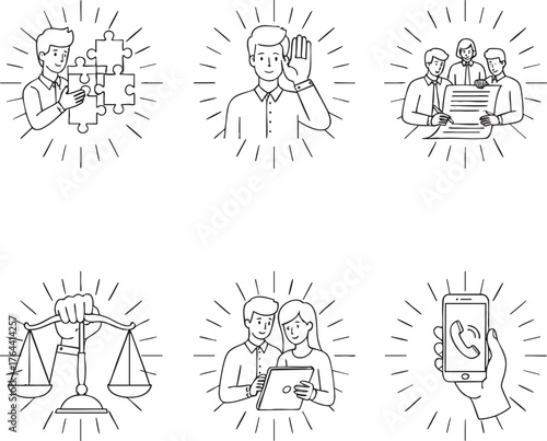 Set of handdrawn line art icons depicting business legal and communication concepts.