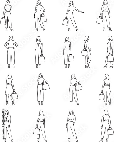 Set of minimalist line art illustrations of fashionable women in various poses holding shopping bags.