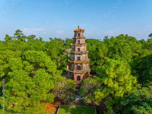 Aerial view of Thien Mu pagoda in Hue, Vietnam, one of the ancient pagoda in Hue city.
