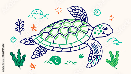 Whimsical Green Sea Turtle Illustration with Seaweed and Ocean Doodles