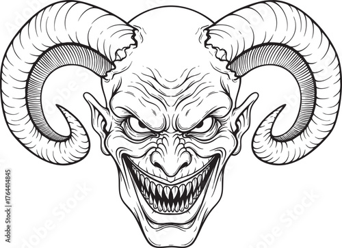 Sinister devil head illustration with large curved horns sharp fangs and a menacing evil grin.