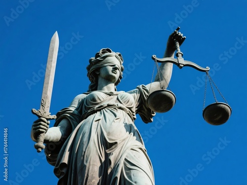 Statue of Lady Justice holding scales and sword against blue sky