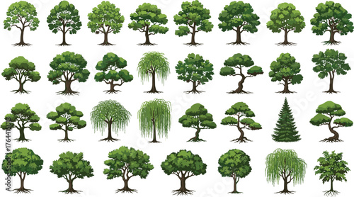 Tree illustration set, 30 stylized trees, diverse foliage shapes, botanical design pack, nature icons, landscape elements, vector graphic, green canopy