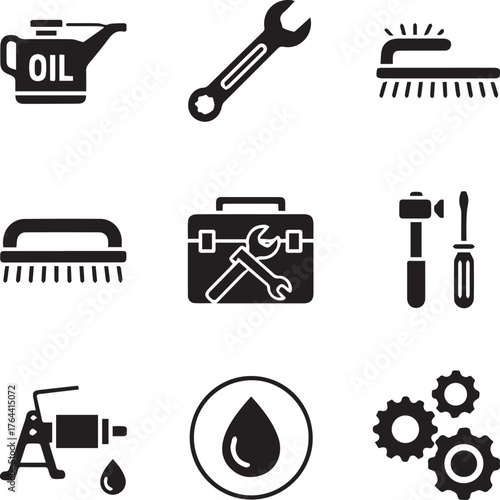 make Durability Maintenance Icons. Solid, filled icon set of durability maintenance oil can, wrench, cleaning brush, repair kit, lubrication, replacement parts, on white Background.