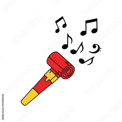 Red party blower with music notes celebration fun sound wind instrument party accessory vector
