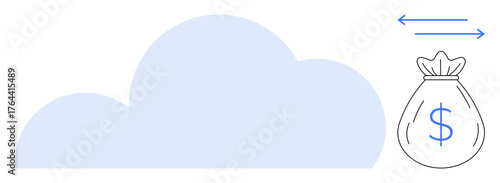 Cloud shape paired with a money bag, surrounded by two directional arrows. Ideal for cloud computing, financial transaction, online banking, data storage, investment, fintech, simple flat metaphor