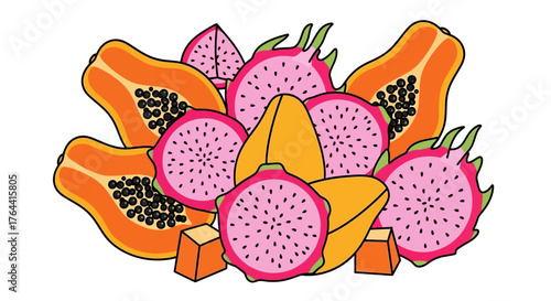 Exotic Fruit Medley: A vibrant composition of dragon fruit and papaya slices