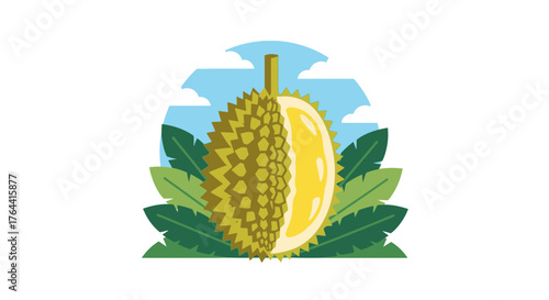 Durian delight with tropical foliage and a whimsical blue sky backdrop