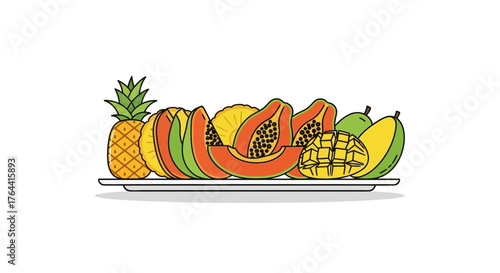 Exotic fruit platter illustration featuring pineapple, papaya, and mango slices