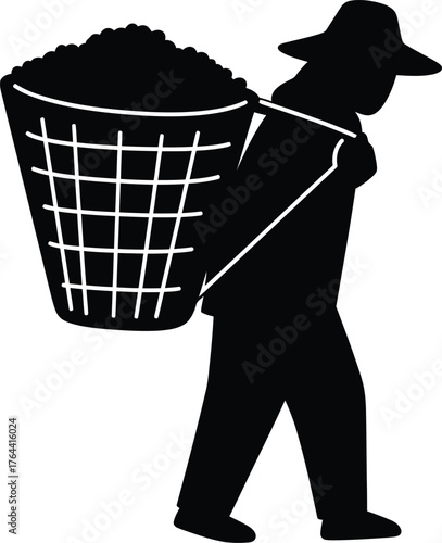 Silhouette of a farmer carrying a large basket full of harvested produce on their shoulders symbolizing agriculture and hard work vector