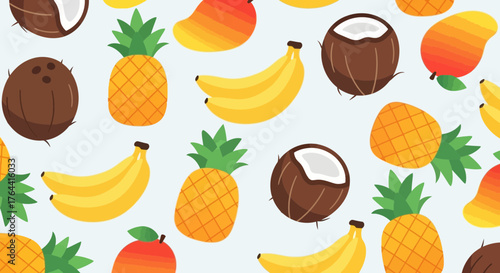 Seamless tropical fruits pattern featuring pineapples bananas coconuts and mangoes