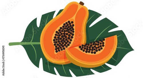 Sliced papaya fruit illustration on a tropical leaf, healthy eating concept