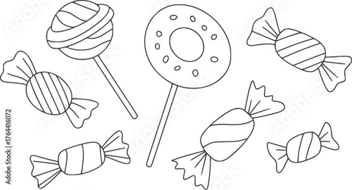 Black and white line drawing of assorted candies and lollipops candy sweet