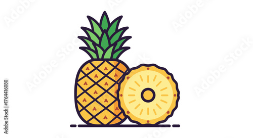 Stylized Whole Pineapple and Sliced Fruit Illustration Against White Backdrop