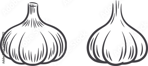 Black and white line drawing of two garlic bulbs food ingredient