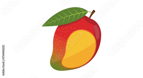 Vibrant Mango Slice Illustration Isolated on White Backdrop with Leaf