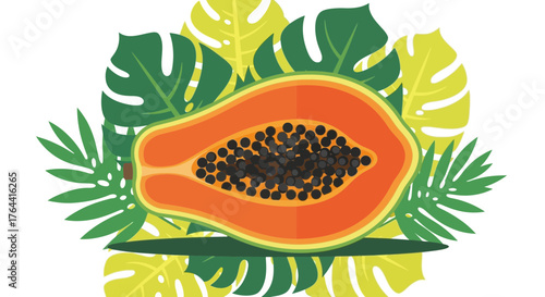 Vibrant papaya slice with tropical botanical backdrop for summer theme
