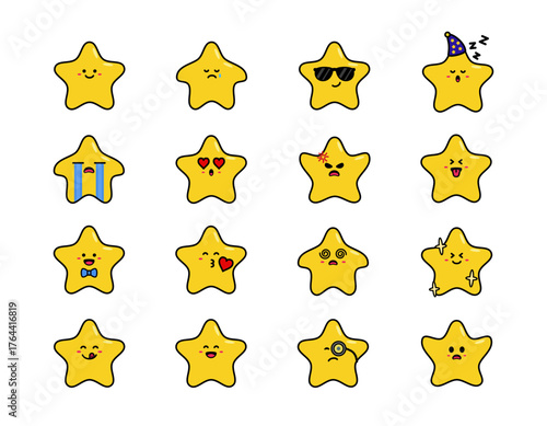 Star Character Cartoon Set. Cute Star Character Collection. Star Emoticons