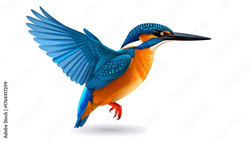 Obraz premium Colorful vector illustration of a kingfisher bird in flight, against a clean, white background